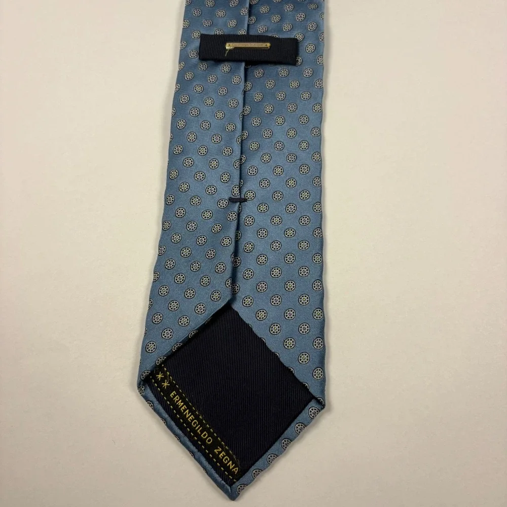 Ermenegildo Zegna Silk Tie Blue Geometric Wheel Pattern Mens Necktie Italy